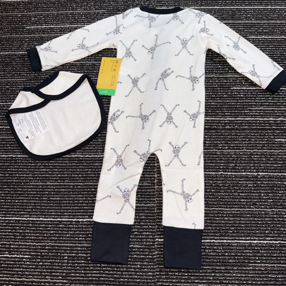 Monica+Andy Coverall Bib Set Kids 9-12M New Skeleton Organic Cotton White Black